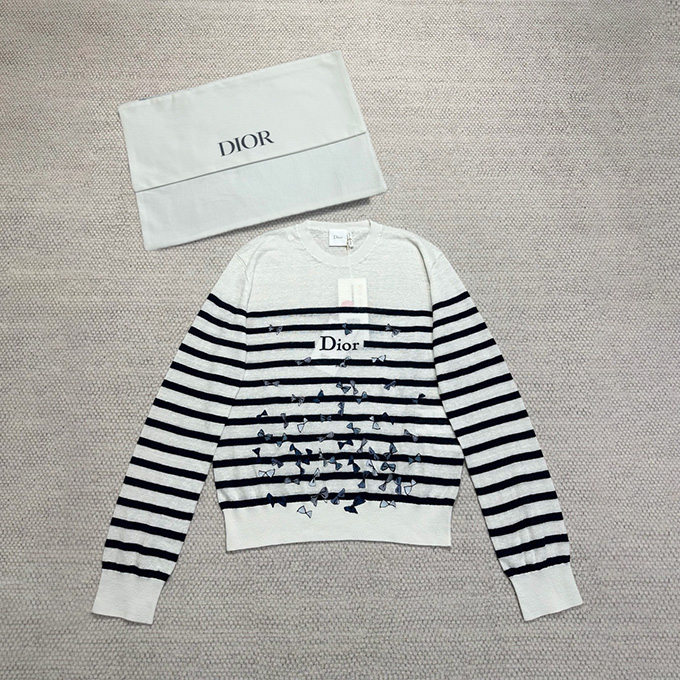 dior nautical stripe allover bow embroidery crew neck long sleeve knit sweater